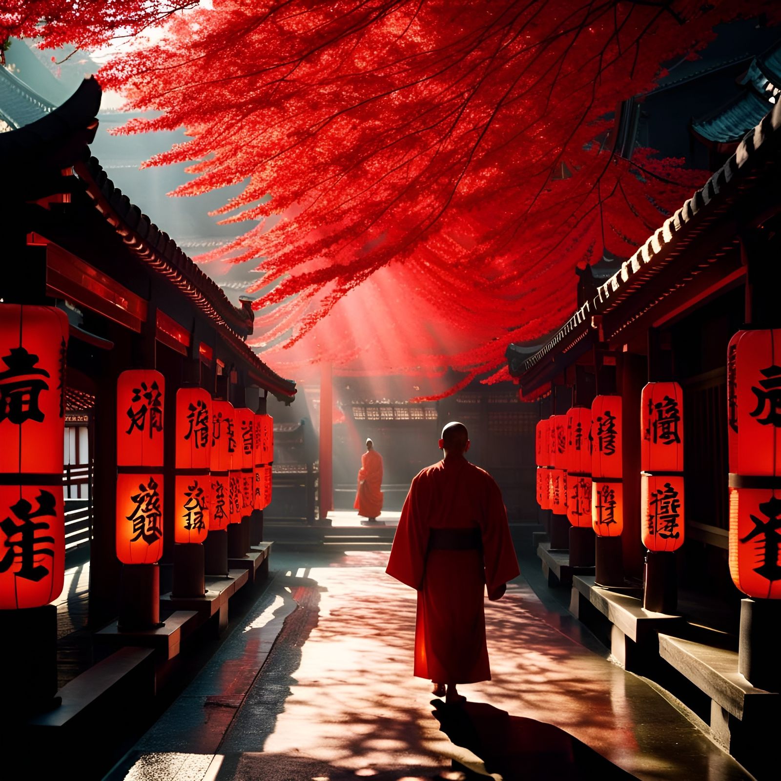Monk in Ancient Japanese Temple with Red Lanterns