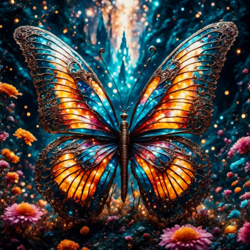 Holographic Butterfly in a Glittery Fantasy Garden