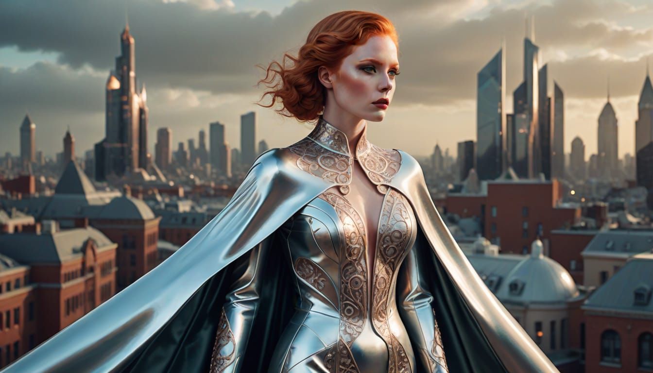 Regal Redhead Model in Futuristic Cityscape