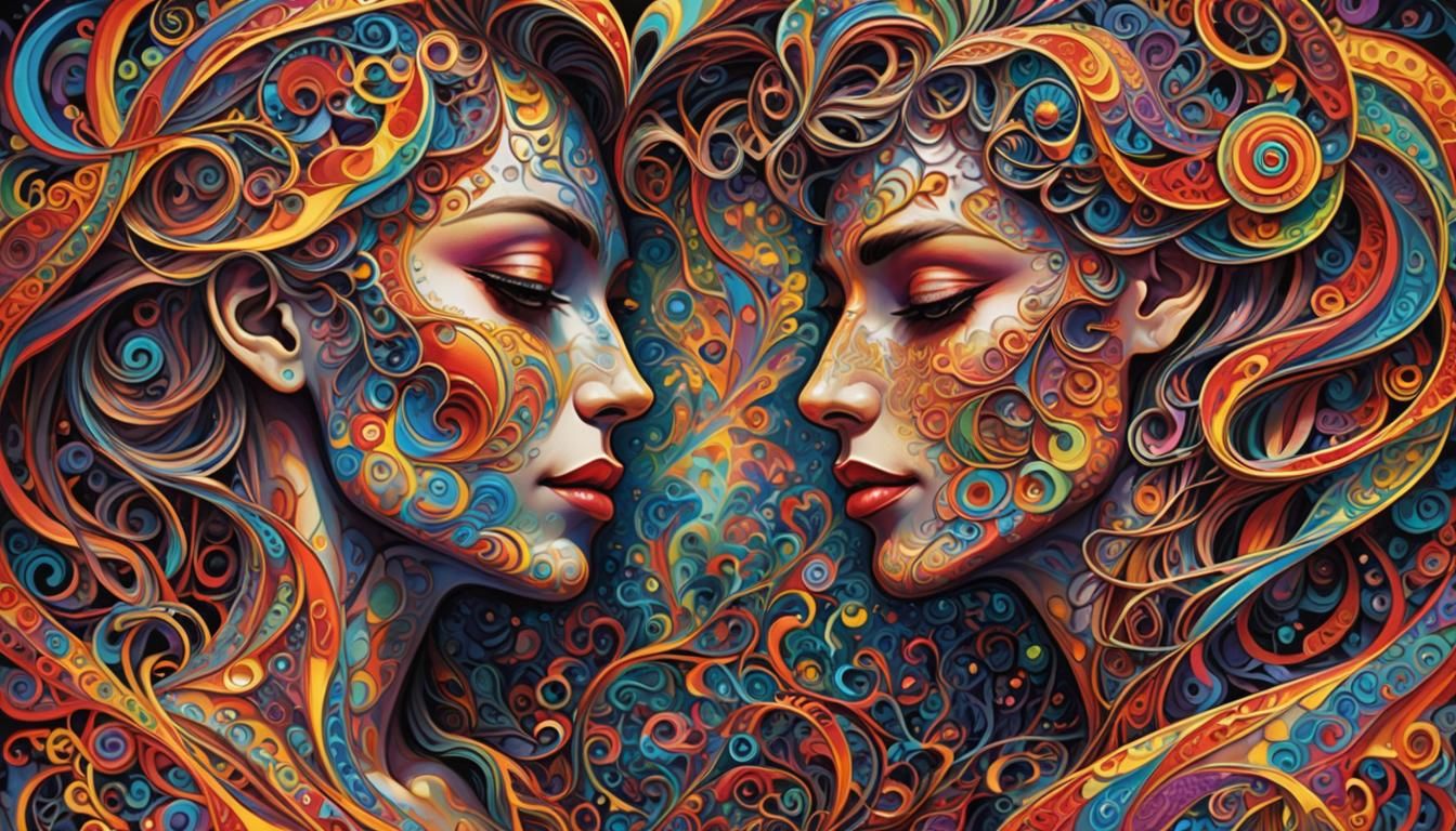 Ethereal Lovers in Fractal Dance, Zentangle Art