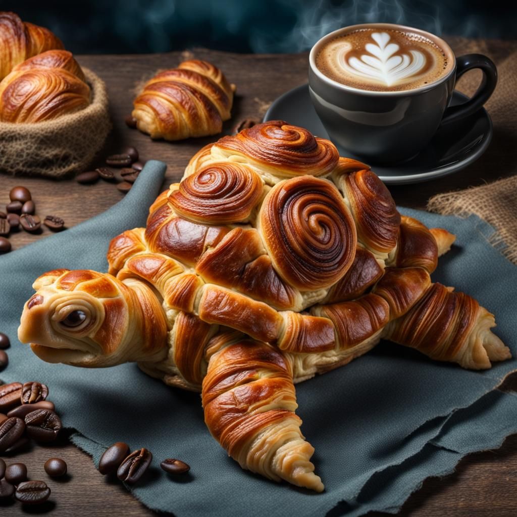 Fantasy Turtle Croissant with Coffee