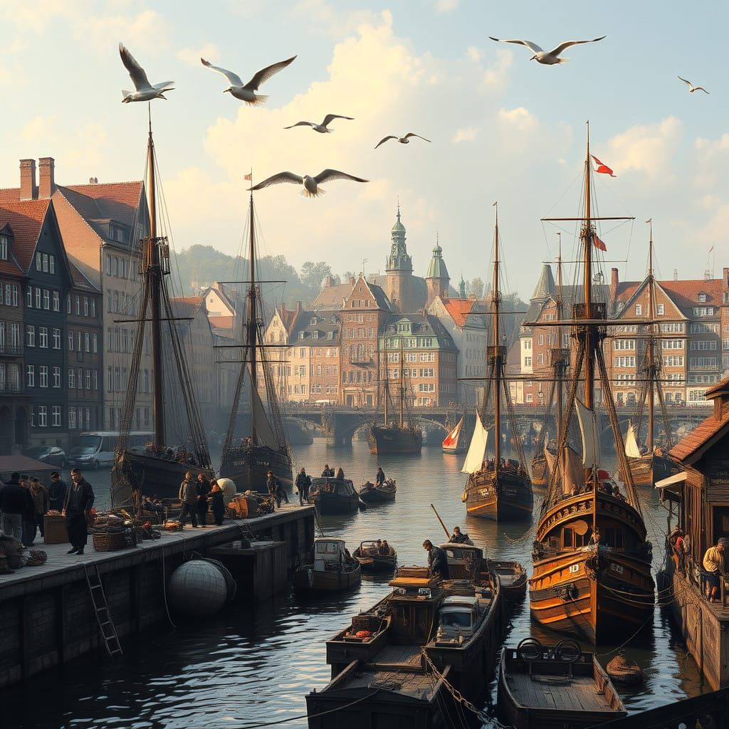 Medieval Hamburg Harbor Scene in Romantic Golden Light