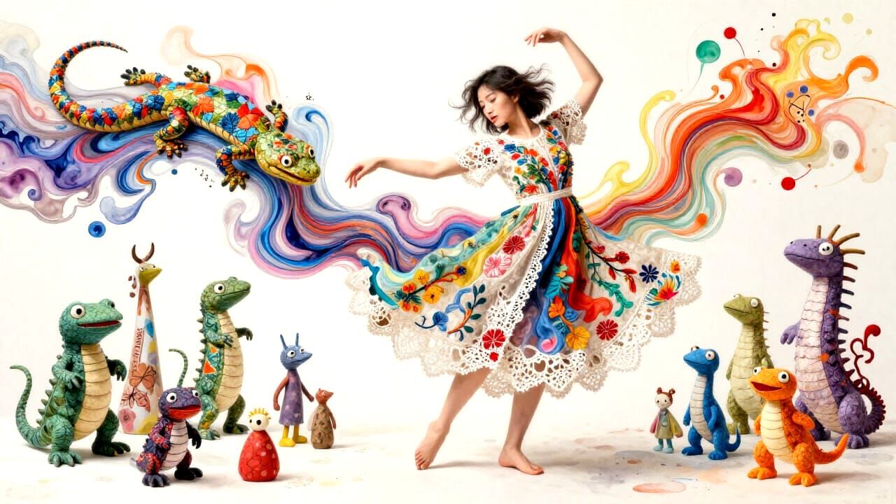 Woman Dancing in Lace Lizard Dress with Ink Flow