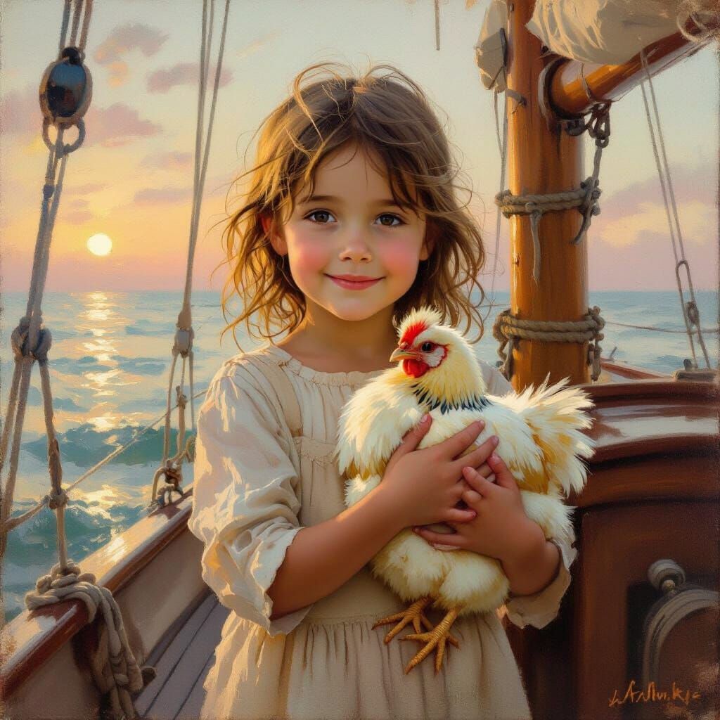 Girl with Chicken on Sailboat at Dawn in Wet on Wet Style