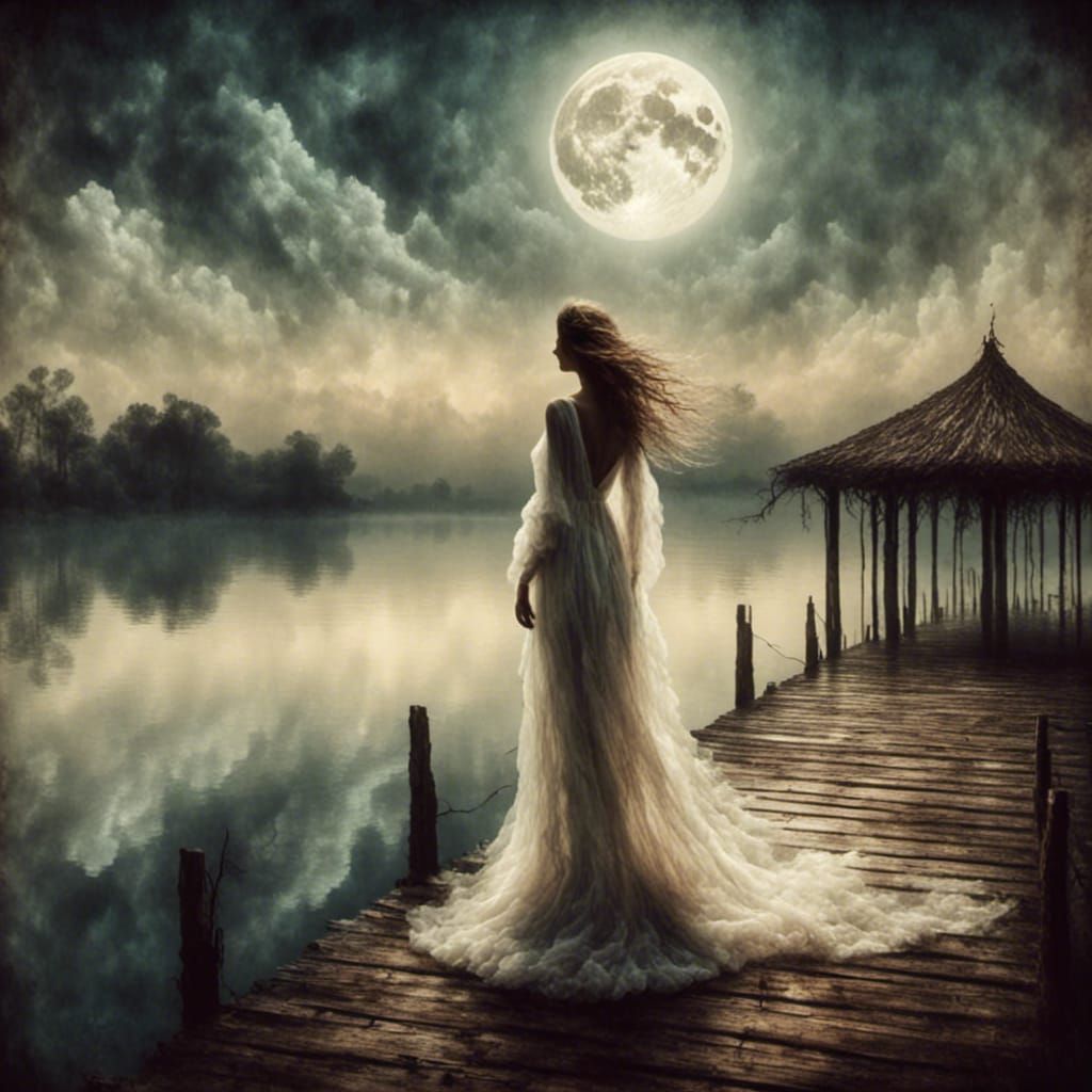Stunning Woman on Pier Under Moonlight in Watercolor Style