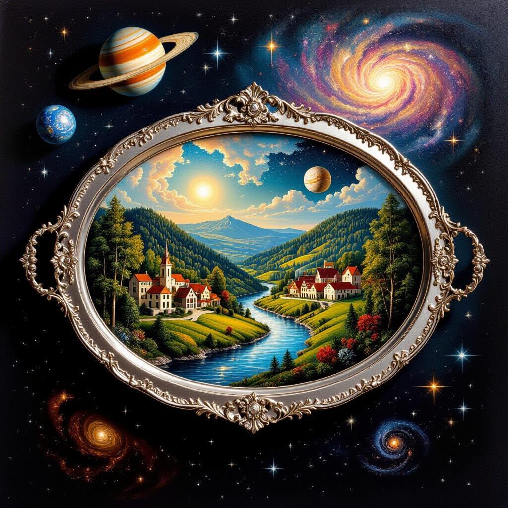 Baroque Silver Tray with Miniature Landscape in Outer Space