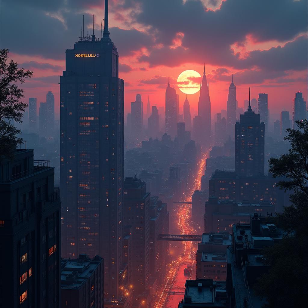 Gotham Cityscape at Dusk in Comic Book Style