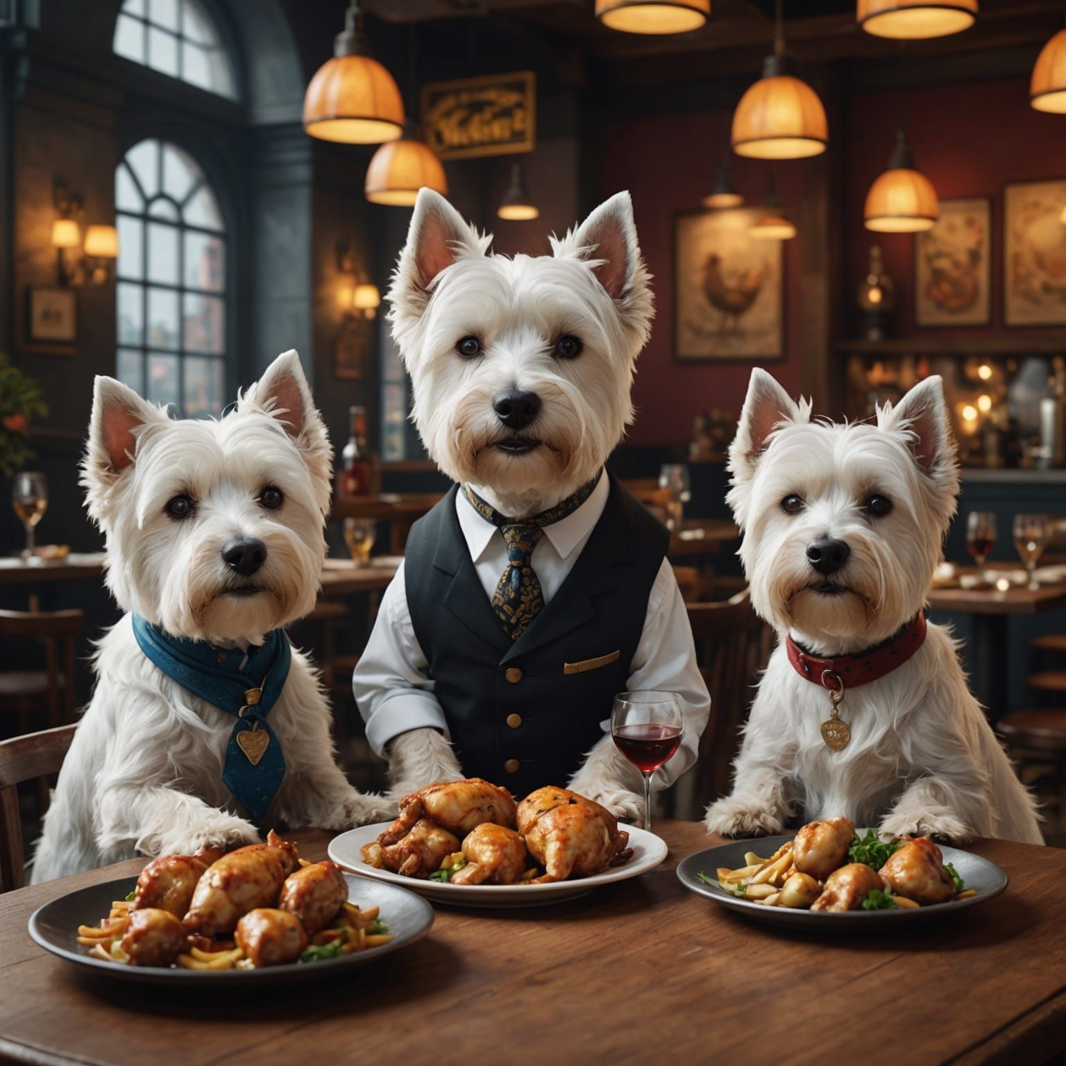 Westies Feast on Chicken and Shrimp, Detailed Painting