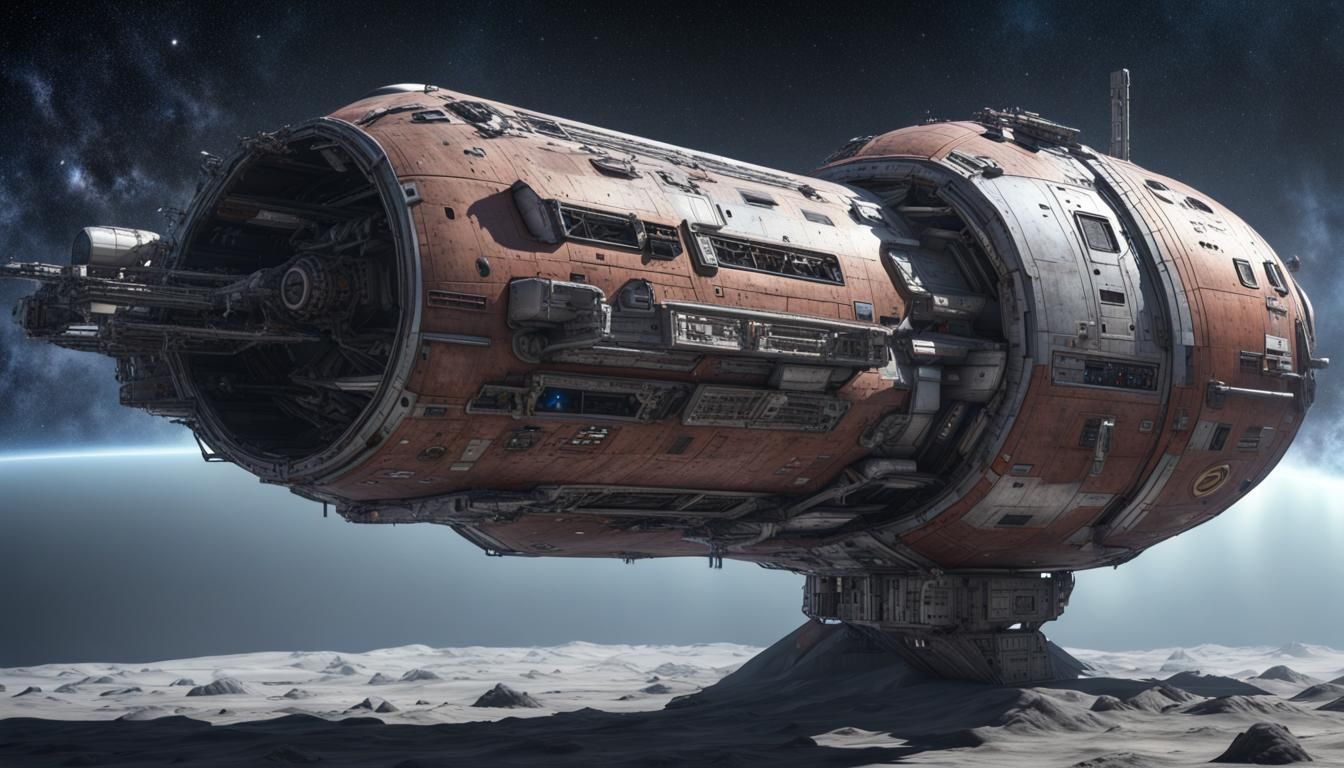 Hyperrealistic Rundown Freighter in Deep Space