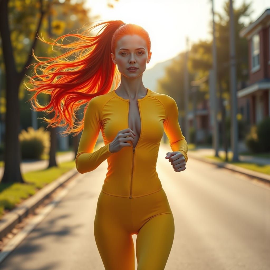 Red Haired Woman Running in Biopunk Style