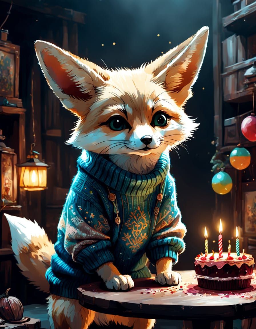 Whimsical Fennec Fox Birthday Celebration in a Sweater