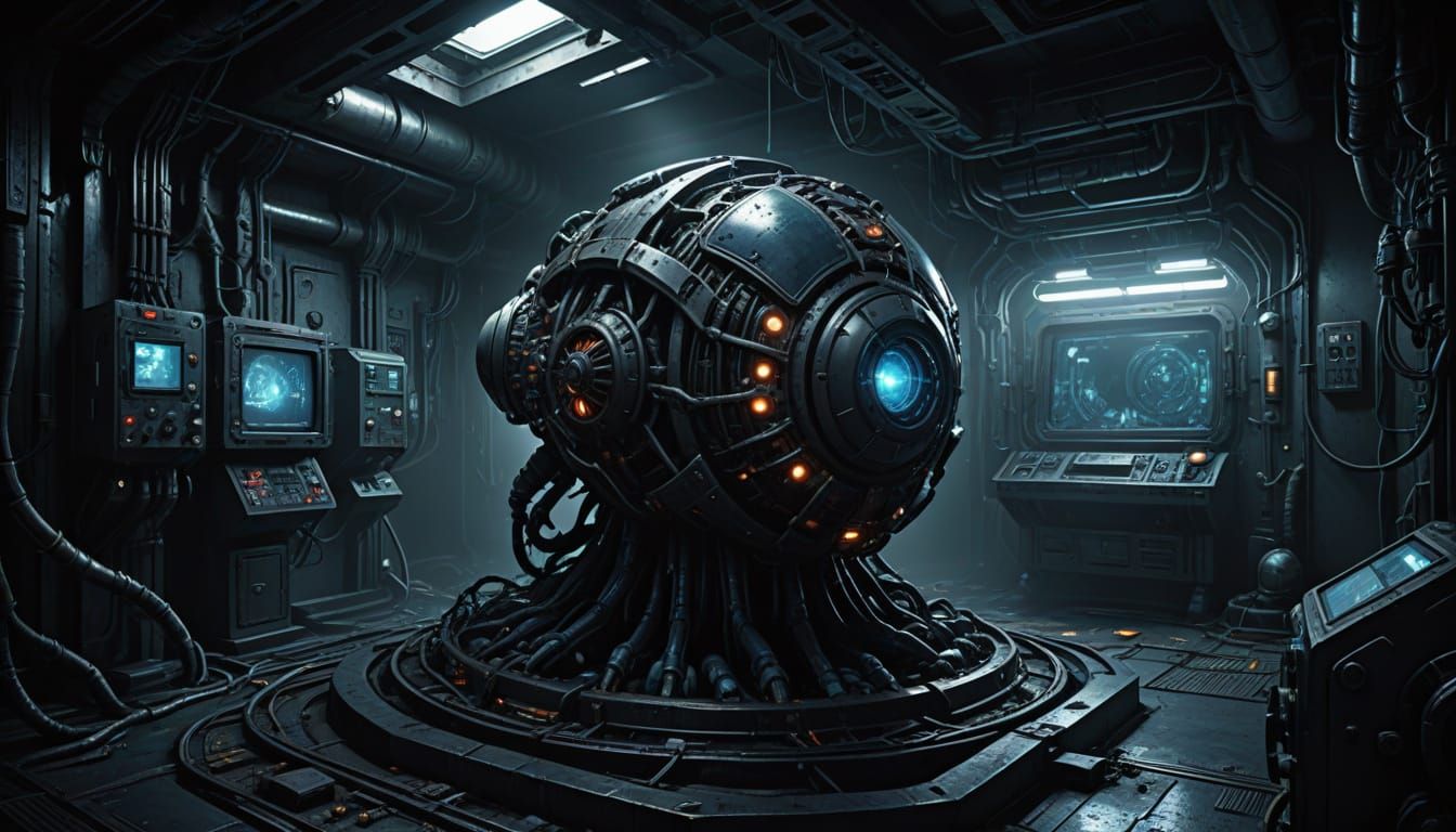 Biomechanical Horror in a Dark Space Ship Engine Room