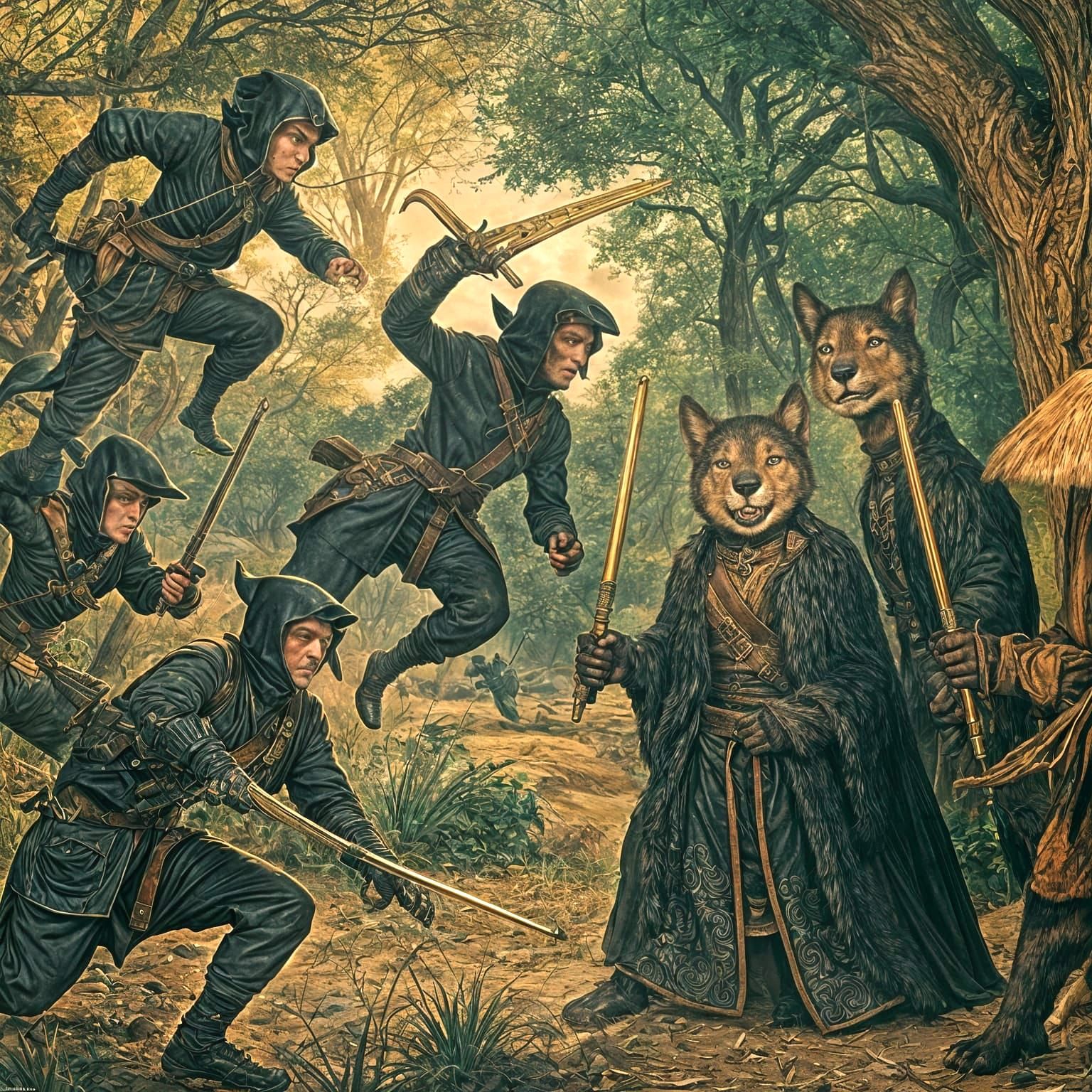Epic Forest Battle: Vintage Golden Age Illustration