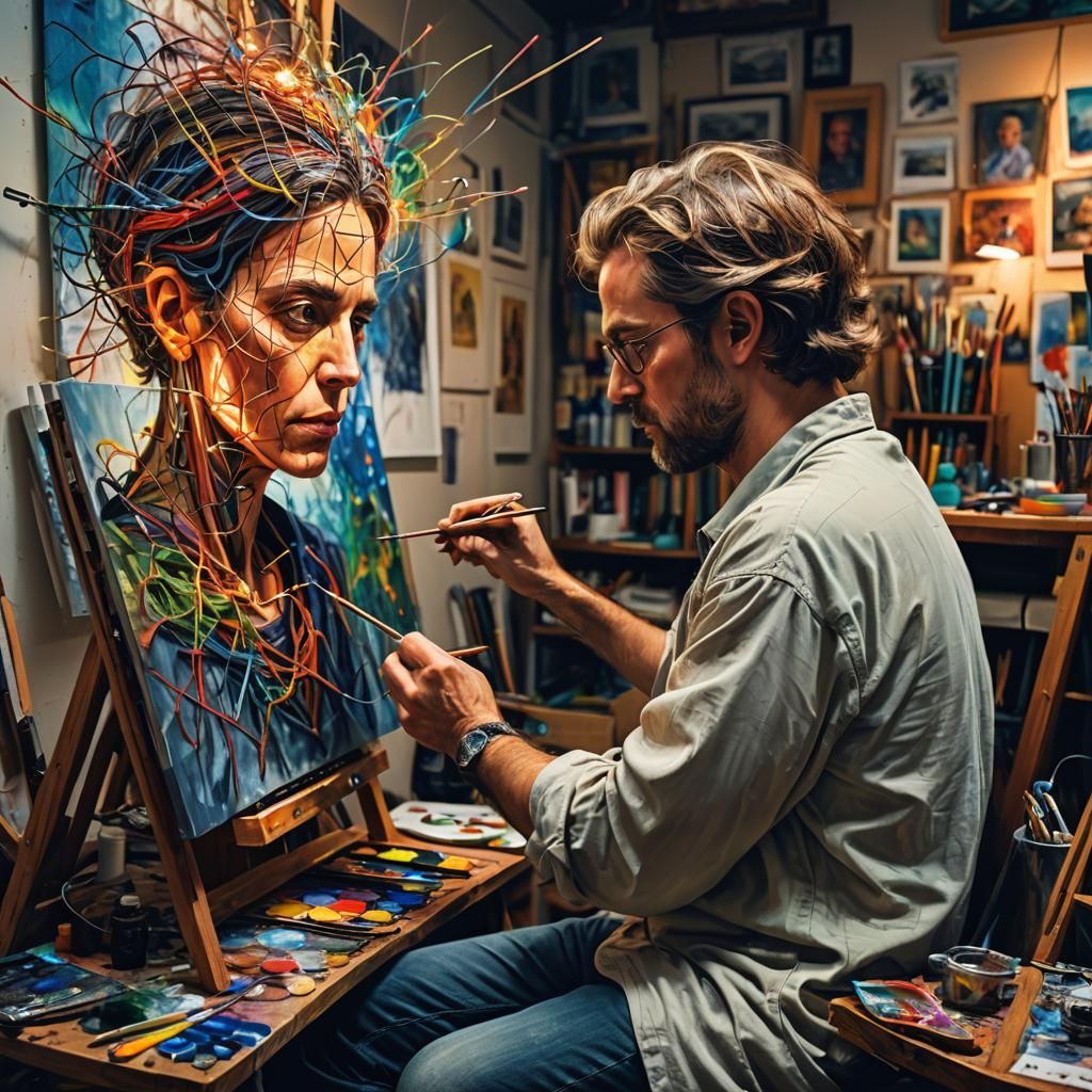 Hyperrealistic Self-Portrait with Luminous Wires