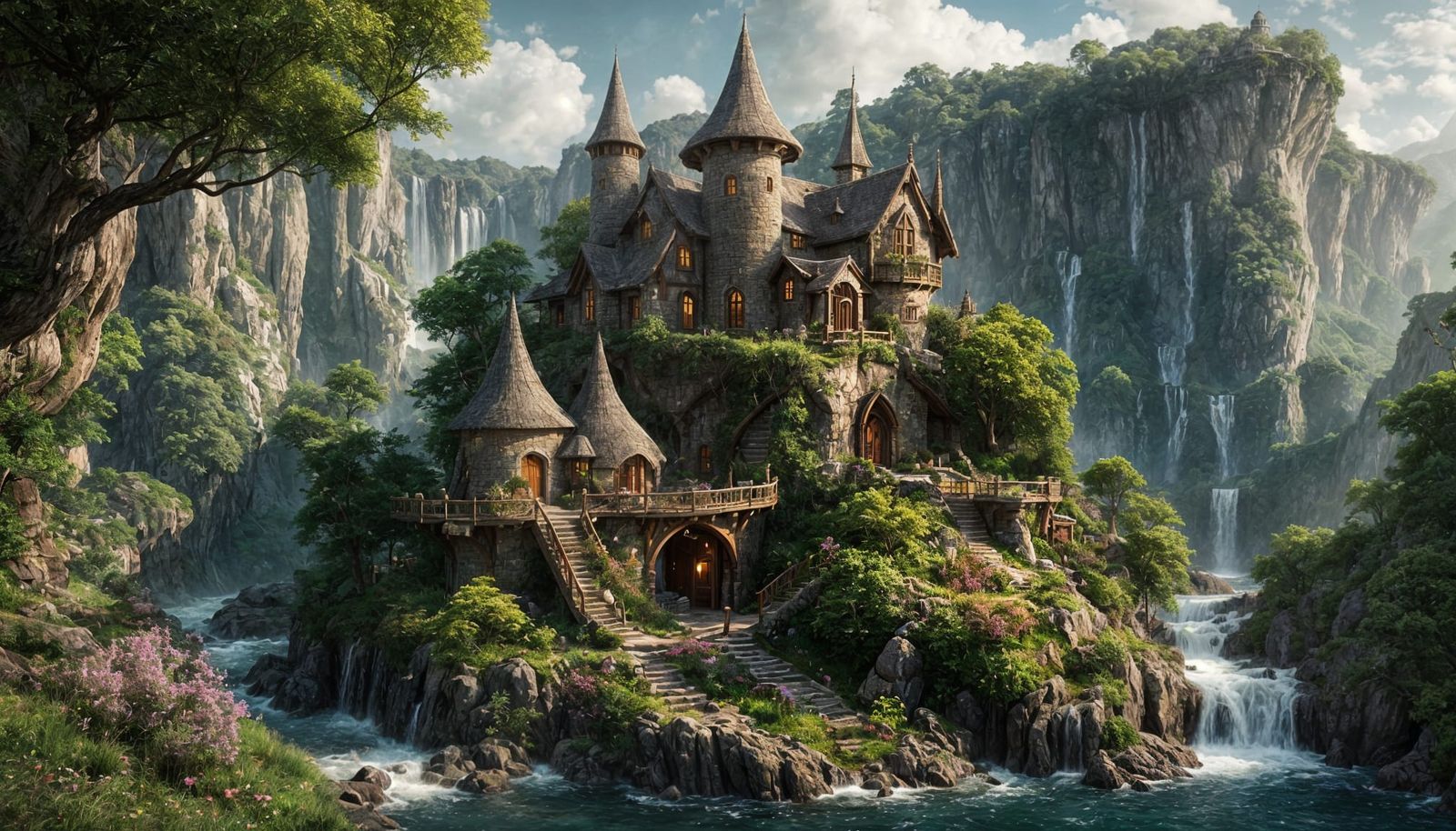Elven Cottage Castle Beside Waterfall, Detailed Matte Painti...