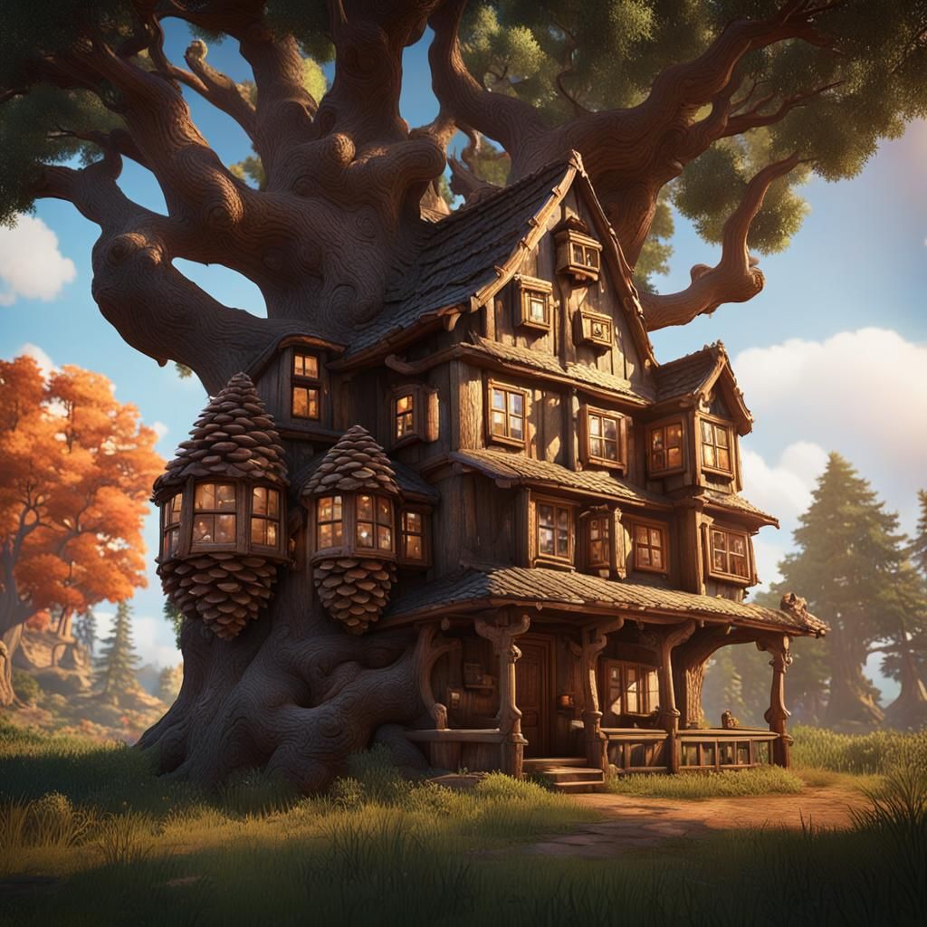 Pine Cone House on a Tree Branch in 3D