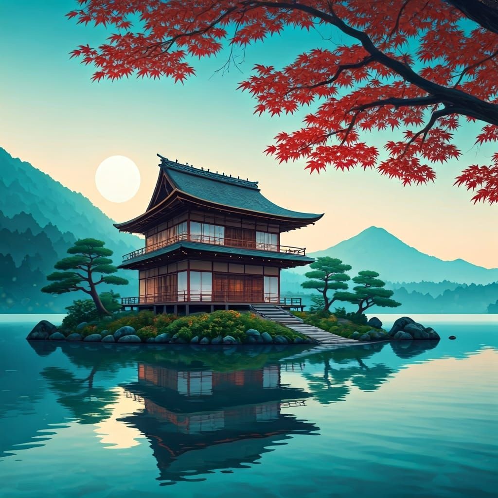 Japanese House on Island with Red Maple Tree