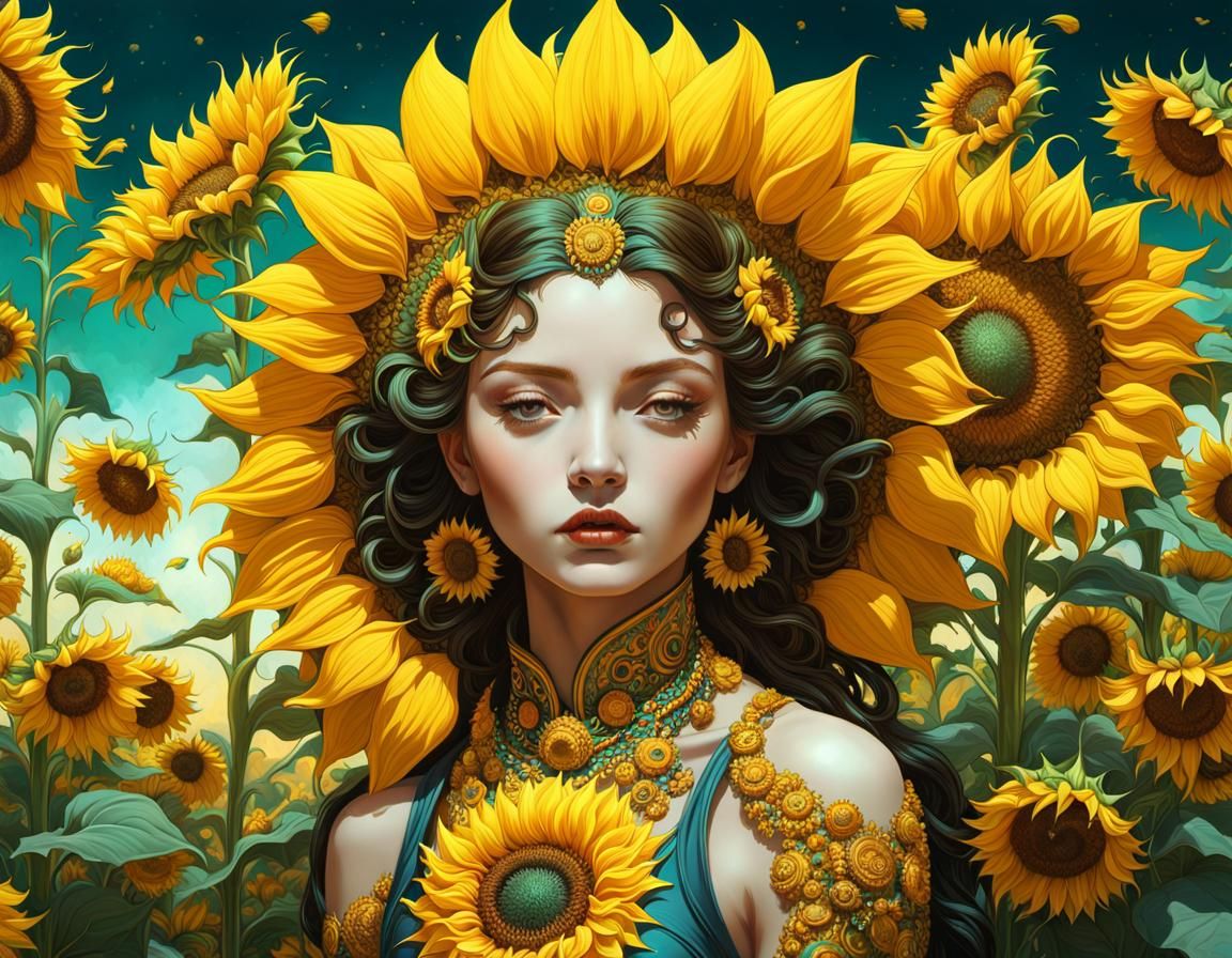 Psychedelic Sunflower Goddess Illustration in Rococo Style