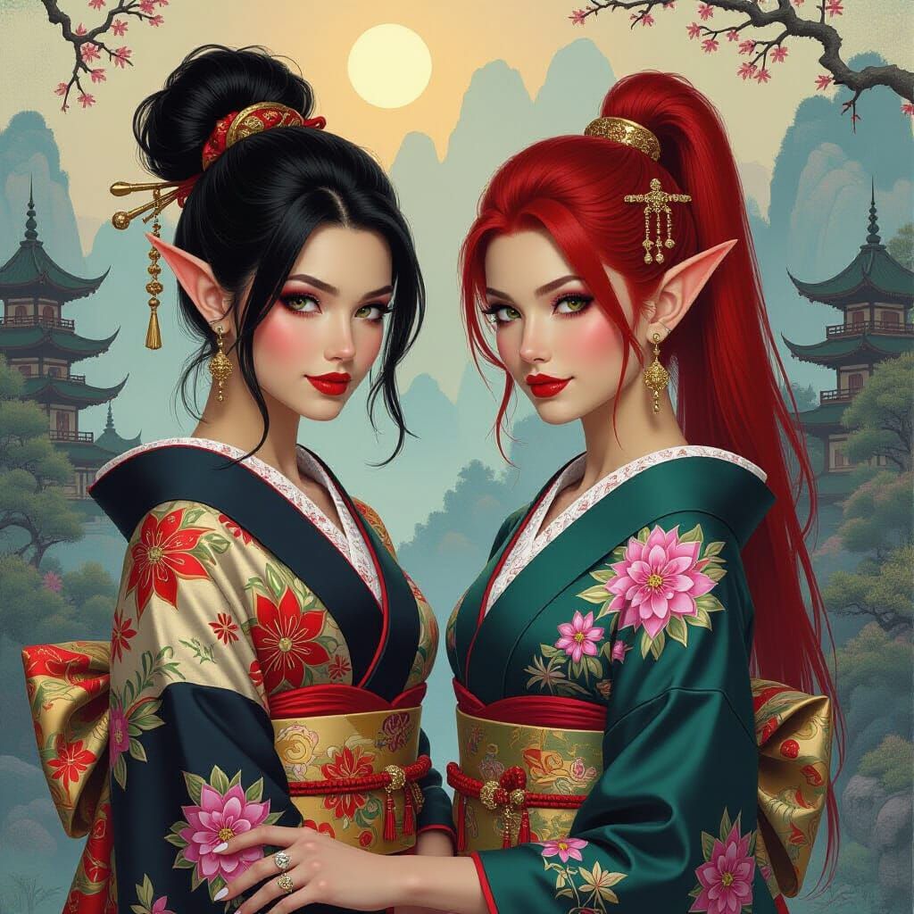 Elven Geishas in Fantasy Oil Painting Style
