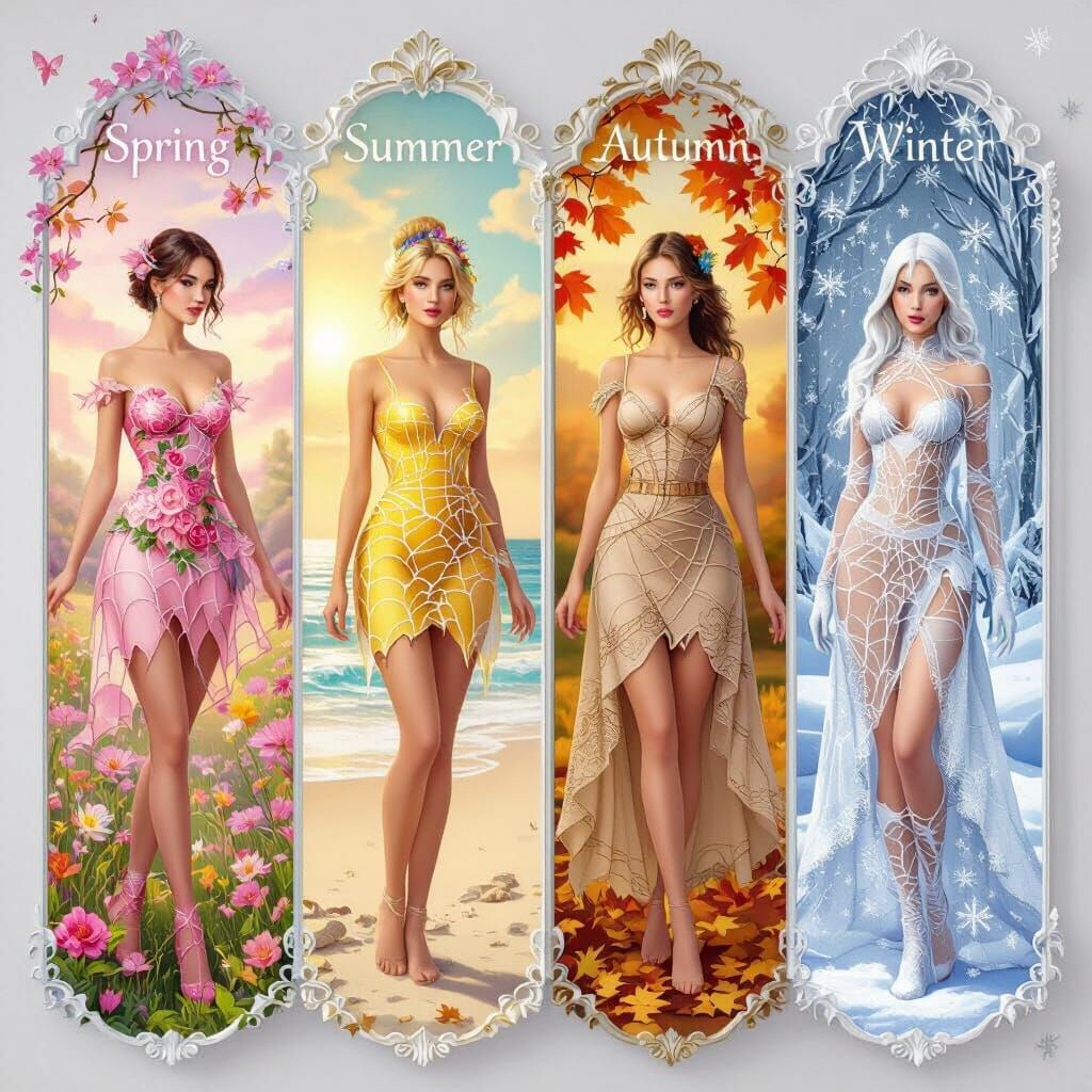 Four Seasons Women in Ornate Frames, Art Nouveau Style