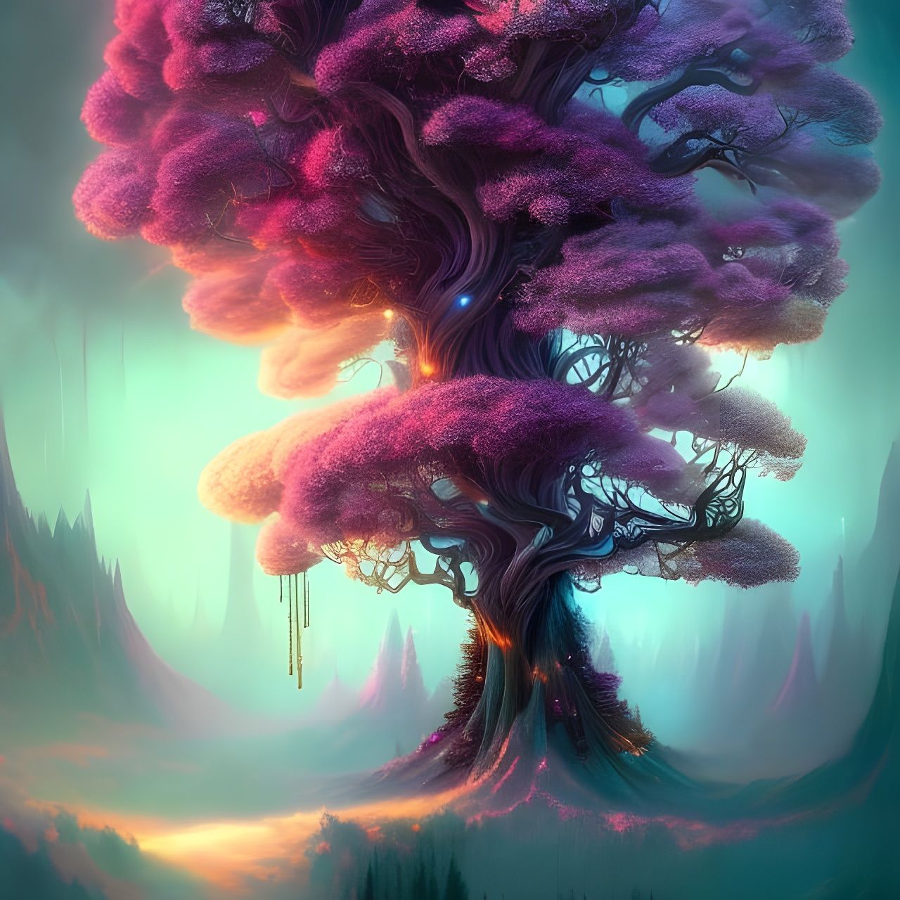 Flowering Glitter Tree Under Sacred Sun, Digital Illustratio...