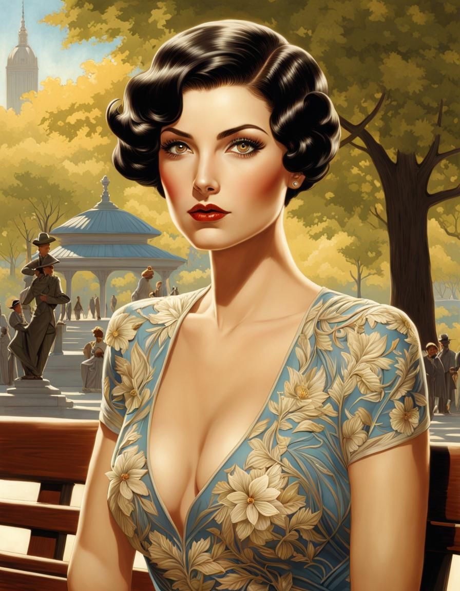 Brunette Portrait on Park Bench in Vargas Style