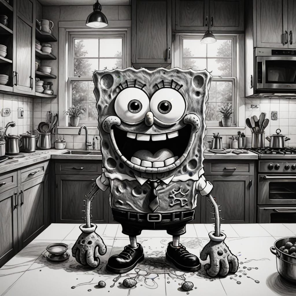 Ink Drawing - SpongeBob in the kitchen