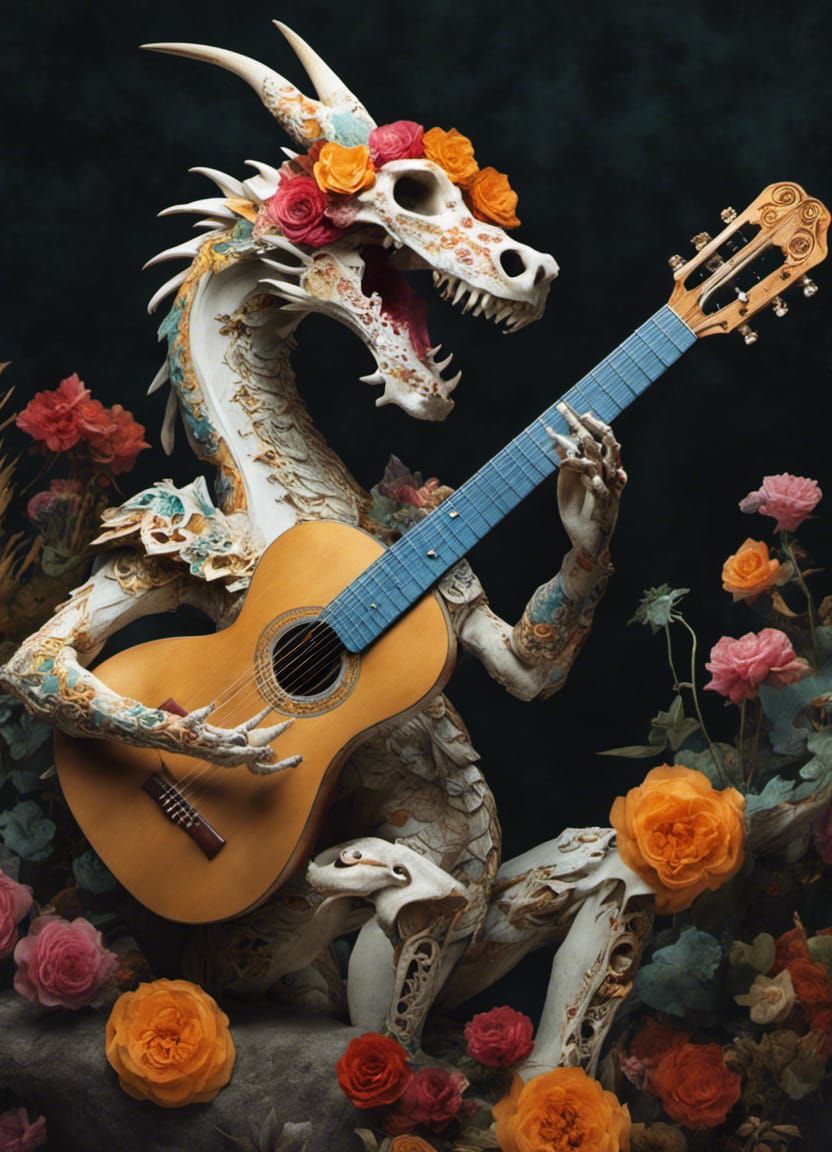 Elegant Bone Dragon with Flower Makeup Plays Guitar