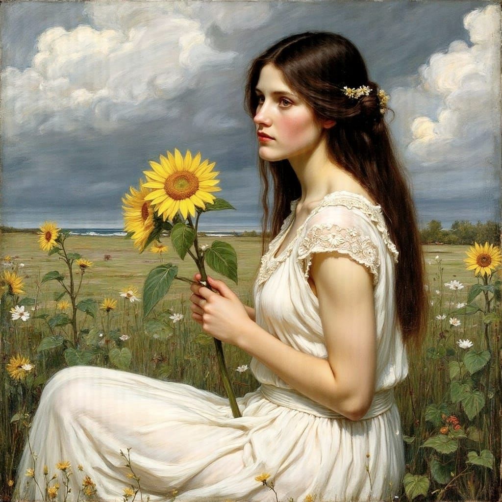 Girl with Sunflower in Waterhouse Style