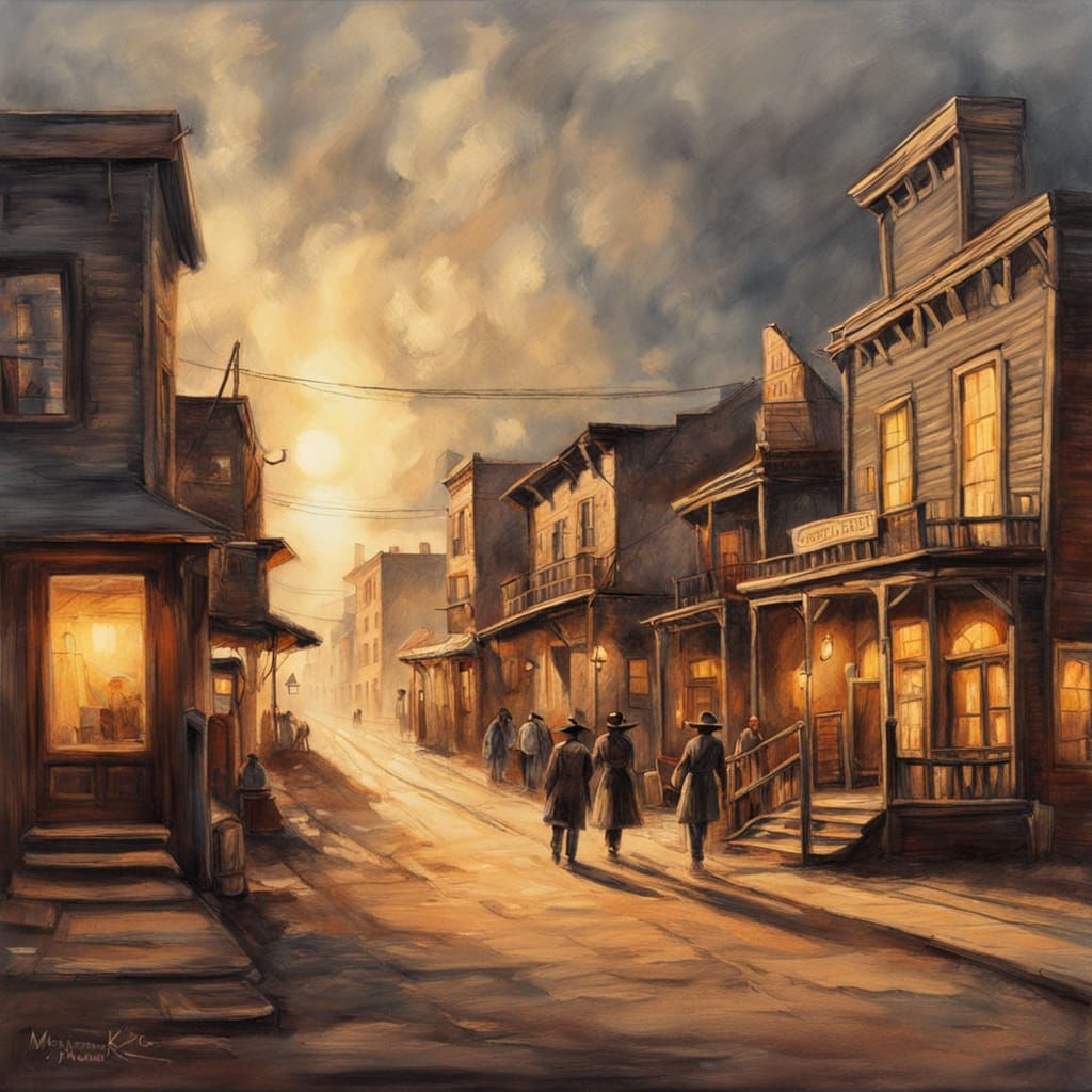 Old West Town in Ethereal Gouache Charcoal Drawing