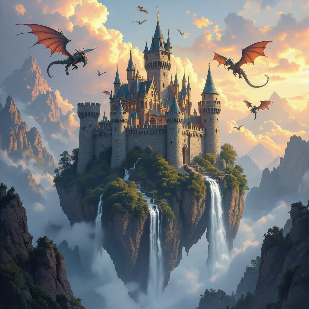 Floating Medieval Castle with Dragons, Digital Matte Paintin...