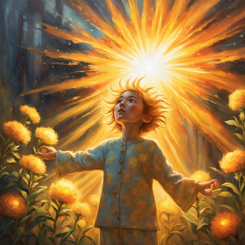 Child Wakes Giant Fluffy Sun in Whimsical Matte Painting