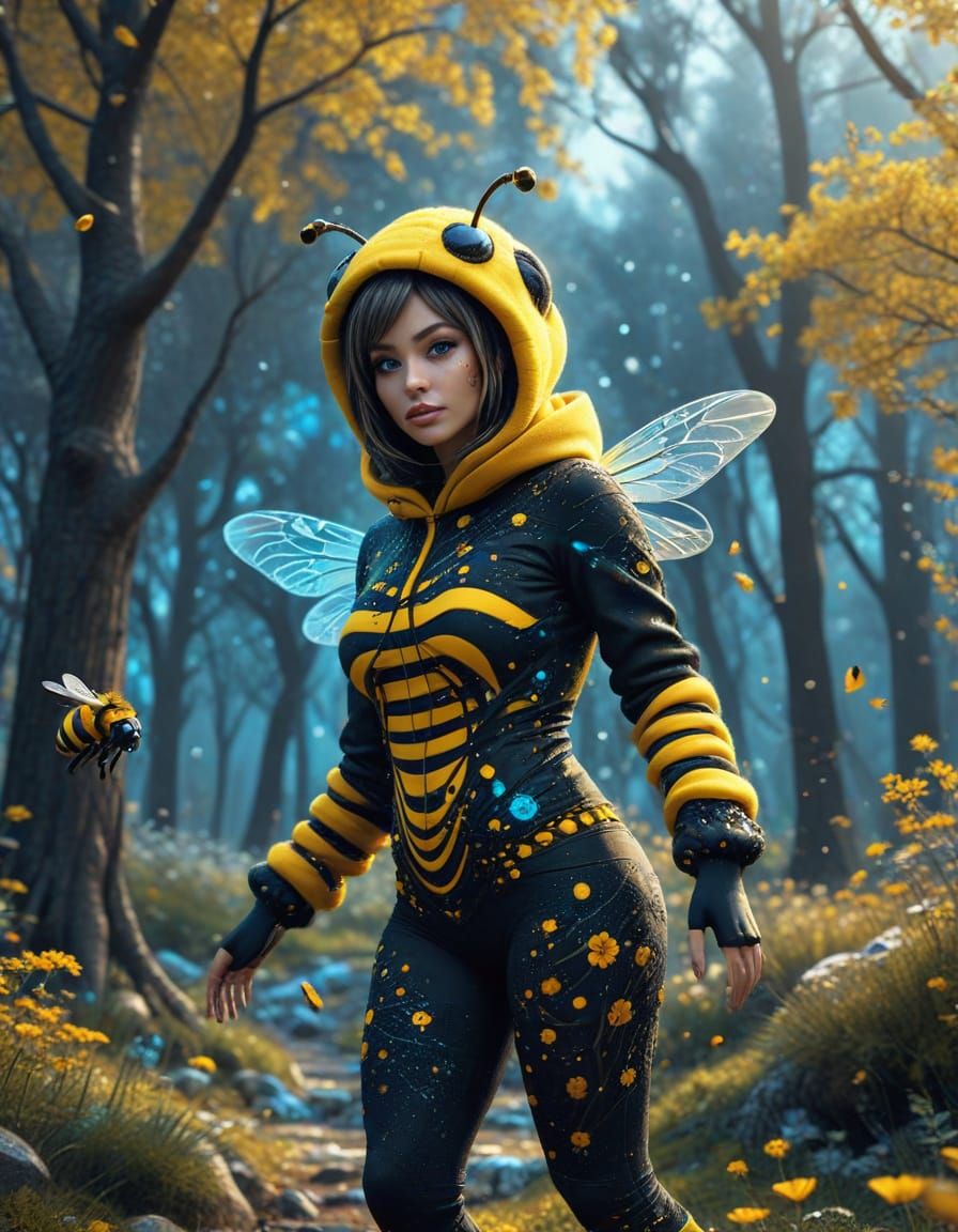 Bee-Themed Girl Dances Amidst Winter Wonderland