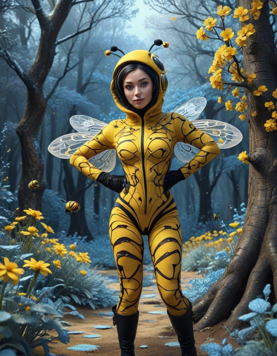 Whimsical Bee Girl Dances in Forest Wonderland