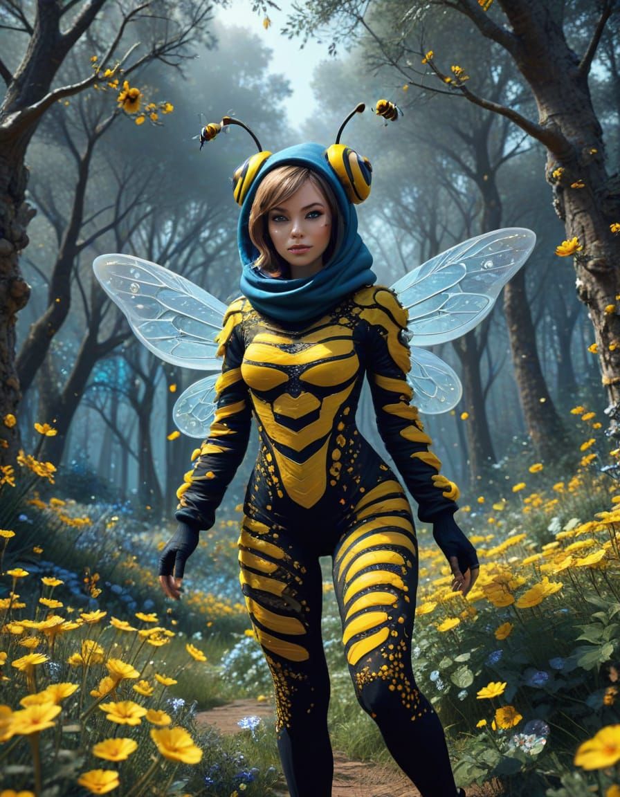 Bee Goddess in Vibrant Floral Forest