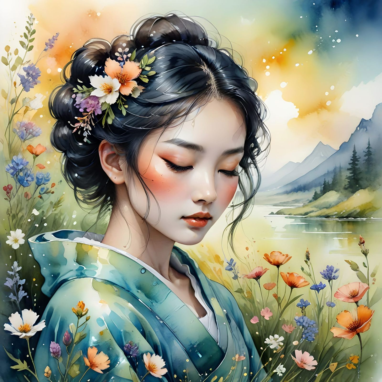 Intimate Geisha and Fox Portrait in Vibrant Watercolour