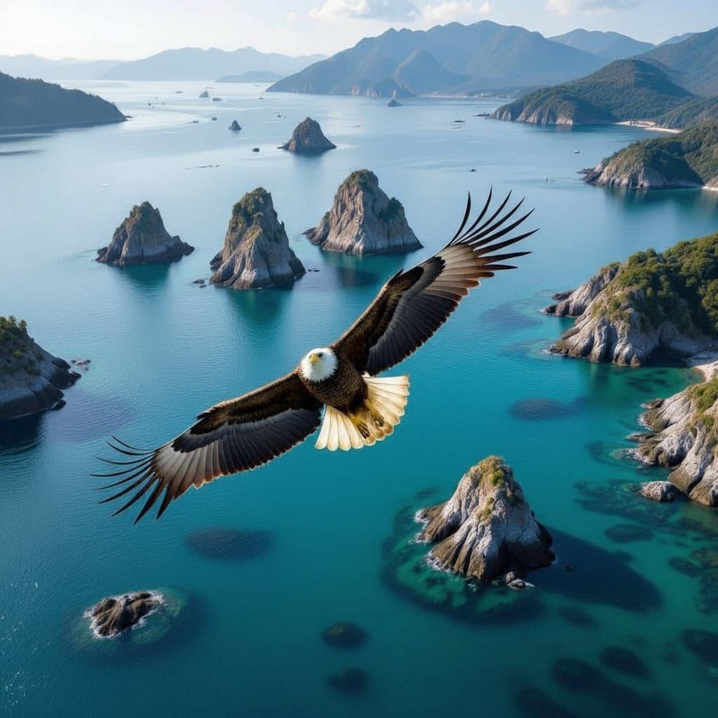 Armored Eagle Gliding Over Bay with Jagged Rocks