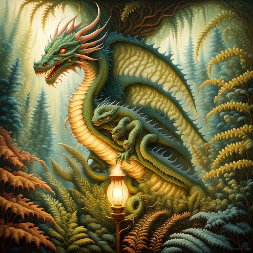 Dragon Merging with Biomechanical Fern in Ethereal Forest