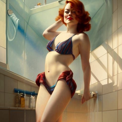 Vintage Pin-Up Girls Under the Shower in Art Nouveau Style