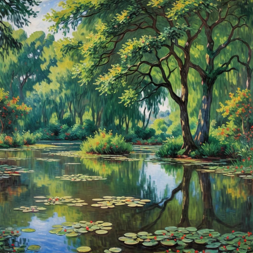 Lush Tree in Lake, Impressionist Style