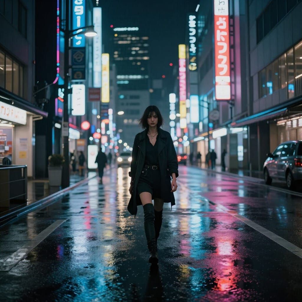 Cyberpunk Girl in Rainy Tokyo Neon Streets