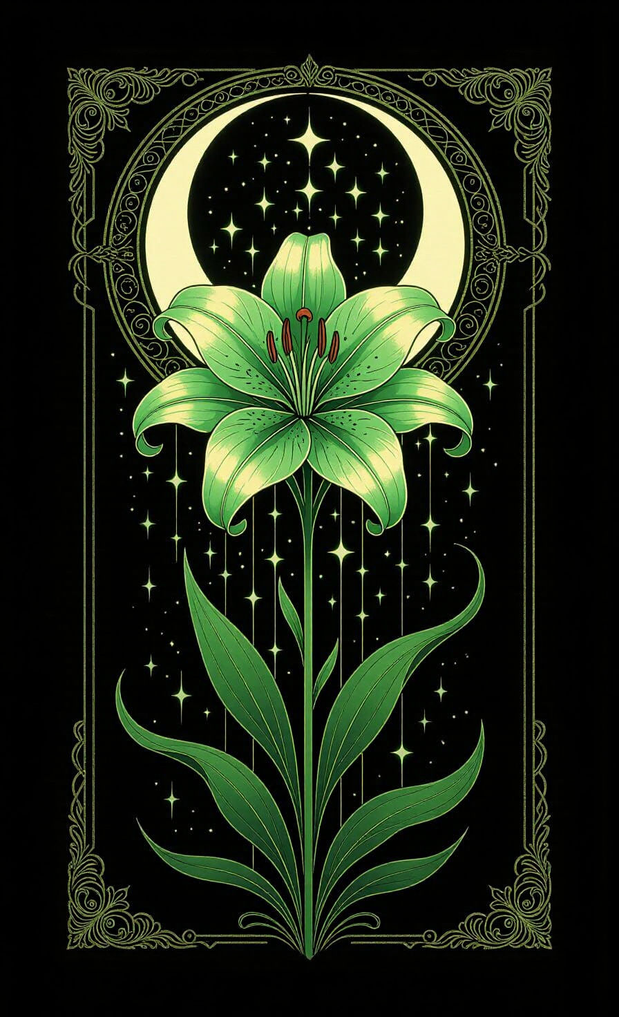 Emerald Lily with Arcane Flames Art Nouveau Style