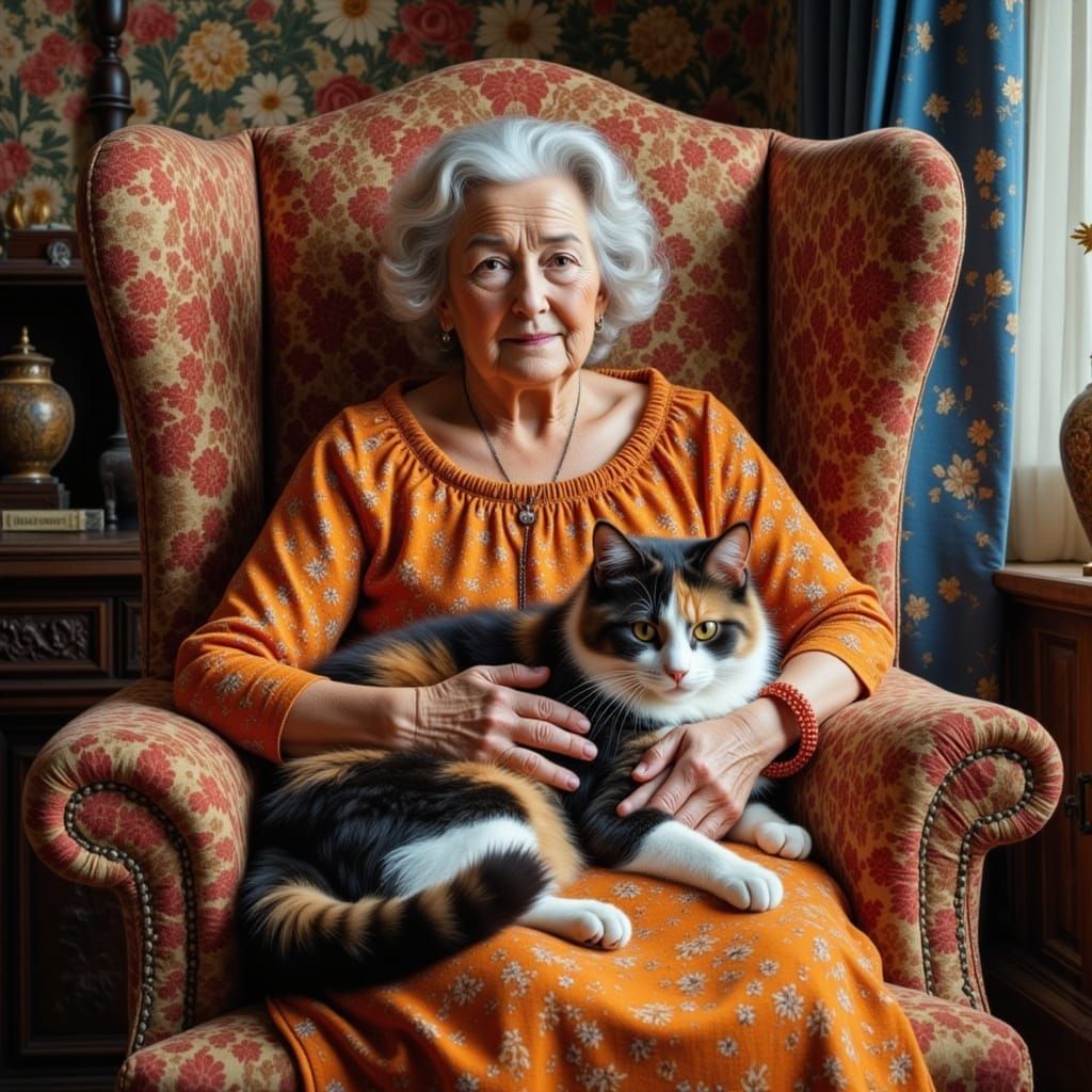 Elderly Woman with Calico Cat in Tonalist Style