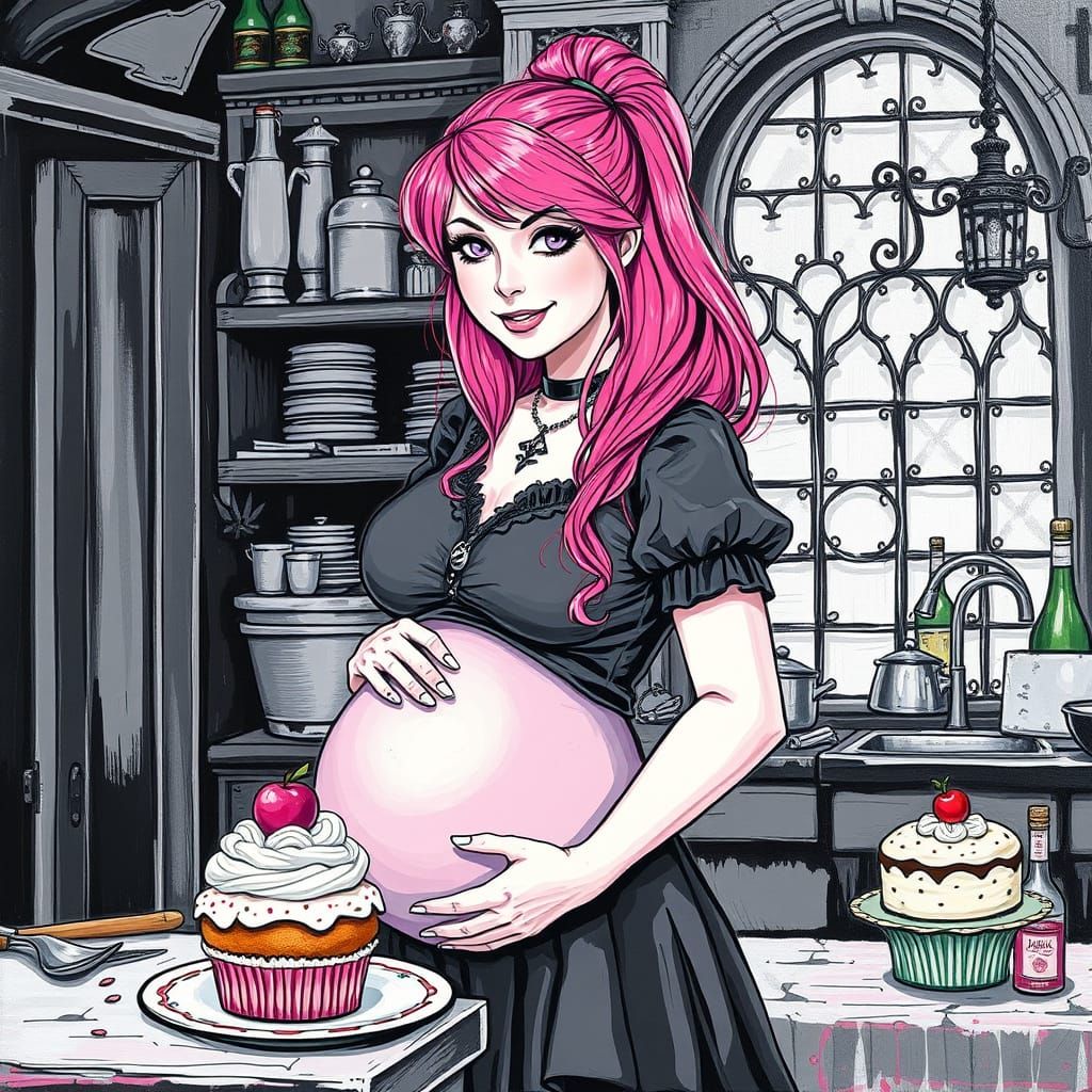 Pregnant Gothic Beauty in a Whimsical Kitchen