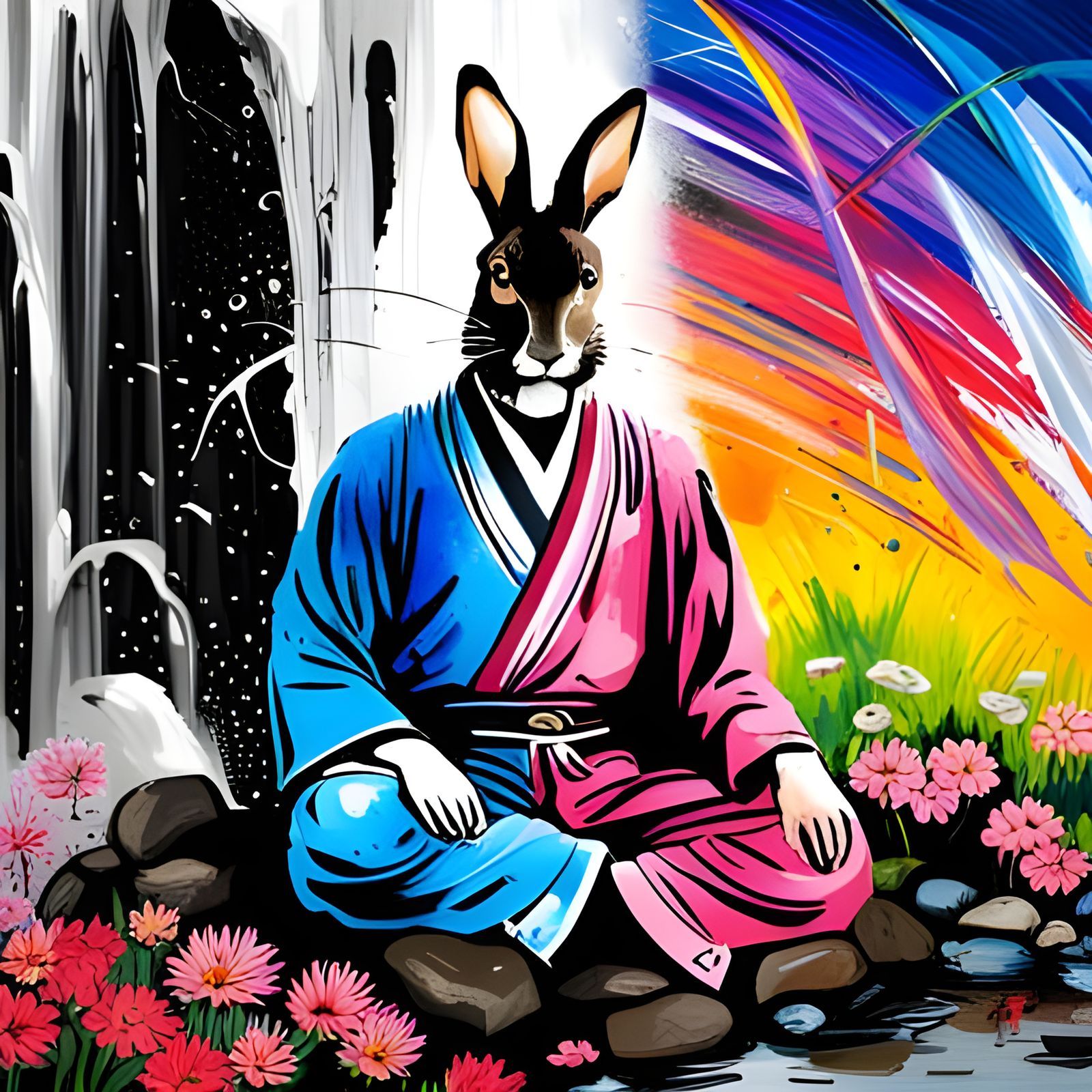 Samurai Rabbit Meditating Under Waterfall in Maximalist Styl...
