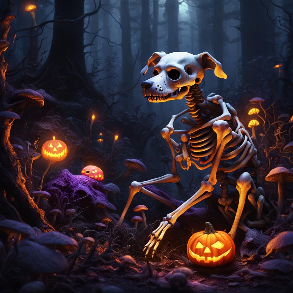 Skeleton Dog and Jack-o'-Lantern in Dark Forest