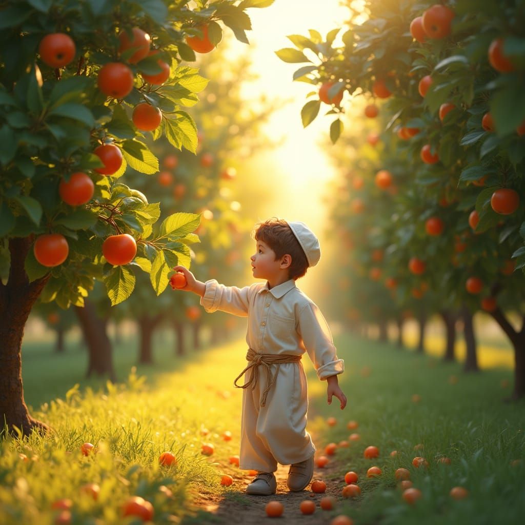A Young Boy Discovers Serene Orchard in Traditional Attire