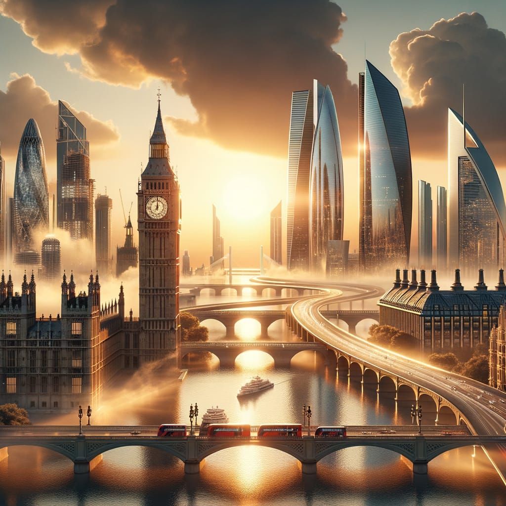 London and Abu Dhabi Fusion Cityscape at Golden Hour