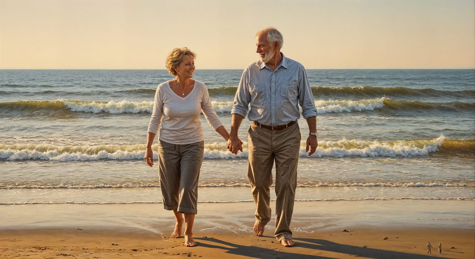 Happy Couple Walking by the Sea in Oil Painting Style