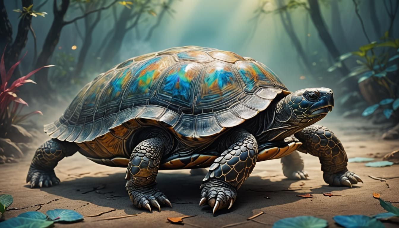 Mystical Tortoise in Iridescent Realm: Macro Photography
